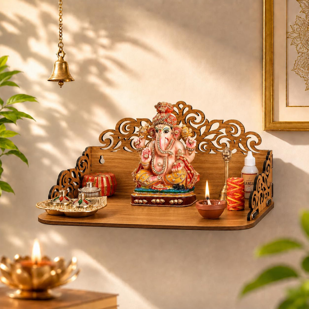 Gift Kya De GKD Wooden Pooja Mandir for Home Wall | Small Temple for Office & Room | Indian Wooden Temple for Table or Shelf | Compact DIY Mandir | 12x9x6 Inch | Classic Design (Classic Walnut)