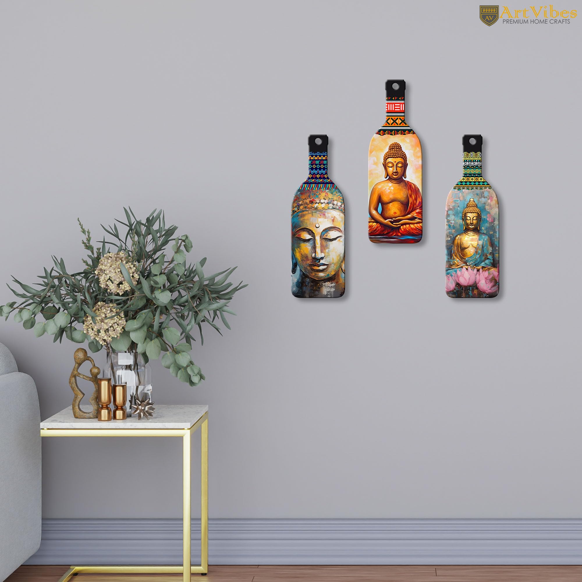 Artvibes Meditating Gautam Buddha Bottle shaped Wooden Wall Hanging | Spiritual Decor Items | Wall Art Painting For Hall | Wall Paintings | Handcrafted Art | Poster | Gift Items (WH_9507N), Set of 3