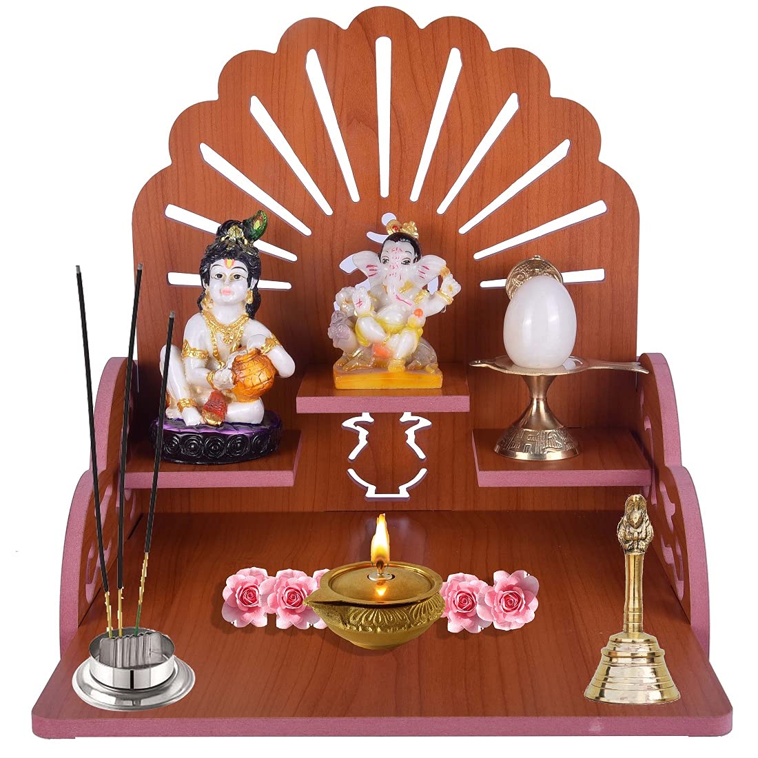 PRIMEFAIR Handmade Beautiful Wooden Temple/Home Temple/Puja Mandir/Wall Hanging and Table Top Home Mandir Temple/Home Art & Craft Engineered Wood Home Wall Temple (BROWN-398)