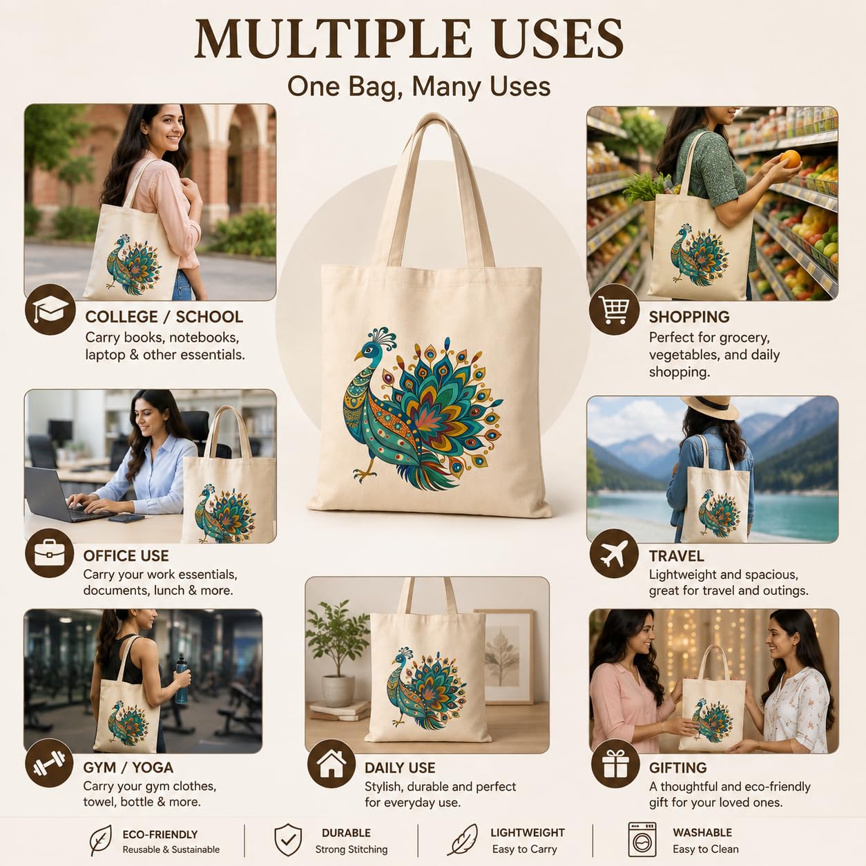 Cellwox Plus Printed Cotton Canvas Tote Bag for Women | Peacock Design Reusable Shopping Grocery Bag | Eco Friendly Cloth Shoulder Tote for Office College Travel Beach Daily Use