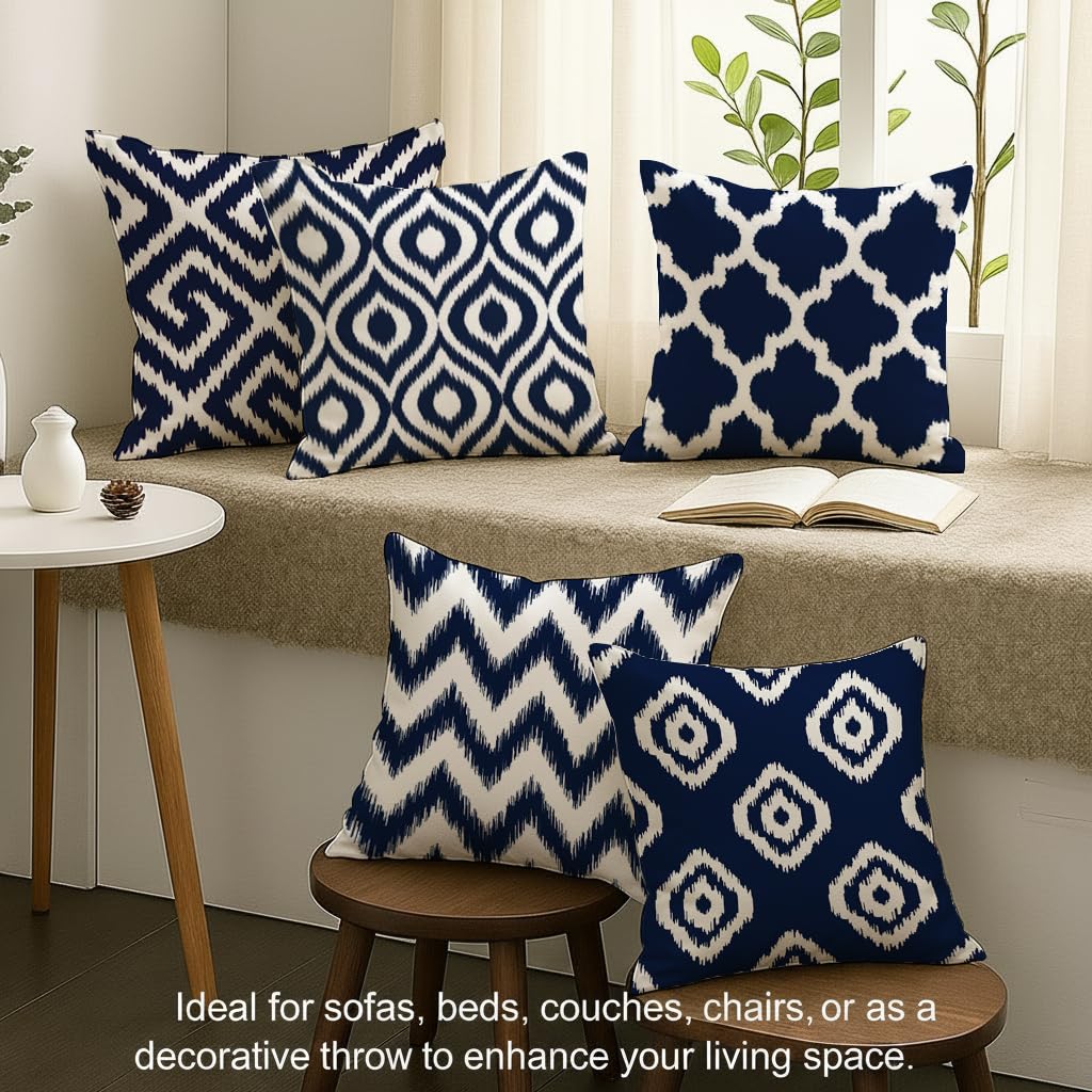 STITCHNEST Set of 5 Polycotton Cushion Covers – 16x16 Inches – Blue & White Ikat Geometric Print – Elegant Cushion Covers for Sofa & Living Room | Perfect for Home Decor