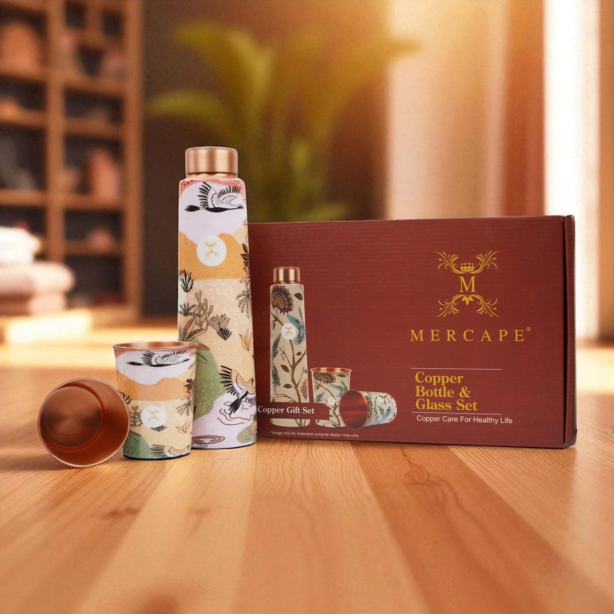 MERCAPE® Meena Print Pure Copper Water Bottle Gift Set with 2 Copper Glasses (300 ml Each) | Leak Resistant Copper Bottle | Decorative Printed Design | Reusable Metal Drinkware Set | 900 ml