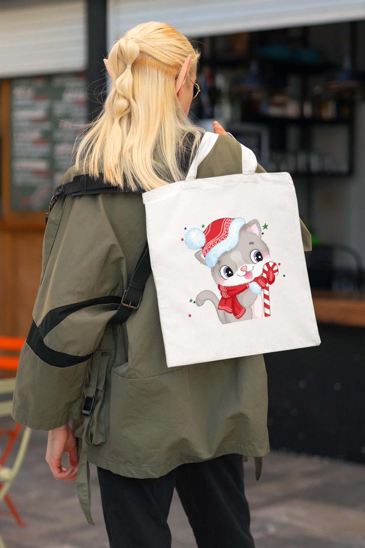 Happu Christmas White Cotton Canvas Tote Bag with Zip | Festive Printed Reusable Tote for Women & Girls | Eco-Friendly, Washable & Multi-Purpose Gift Bag HPK-3430