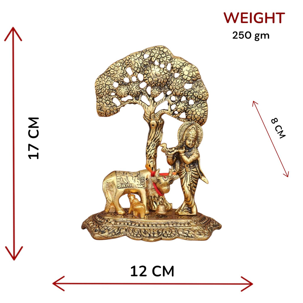 RCI Handicrafts Metal Krishna with Cow Standing Under Tree Plying Flute Statue, 12x8x17cm, Gold, 1 Piece