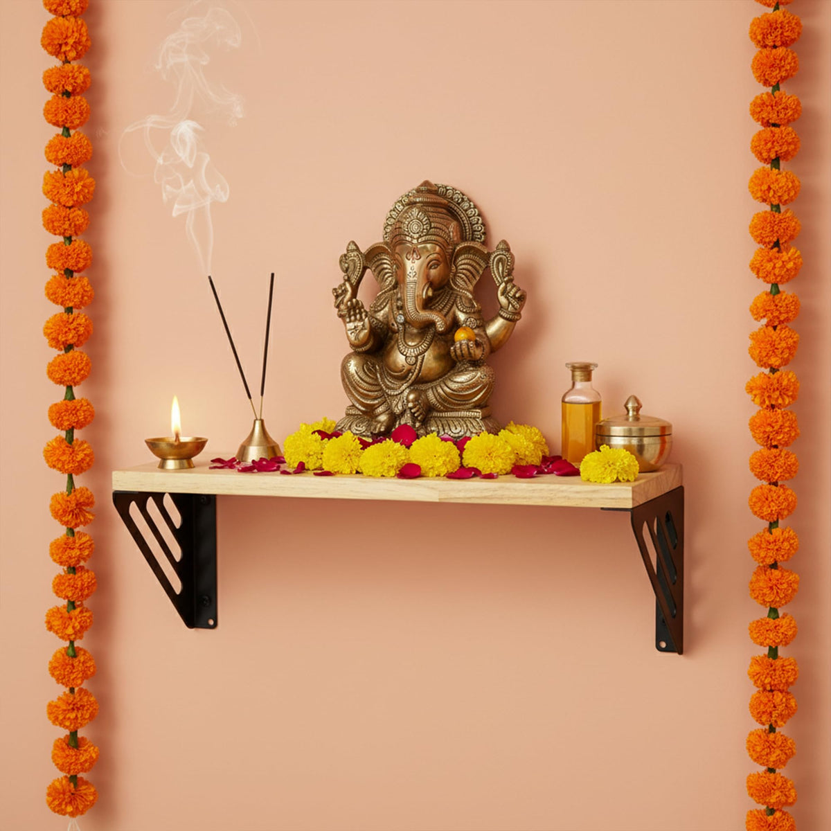 Spillbox Wooden Pooja Home Temple|White Metal Shelf |Wall Mountable|Easy Screw Assembly|Home Temple for Puja Room |Pooja Stand | Mandir-Lines (Large Black)