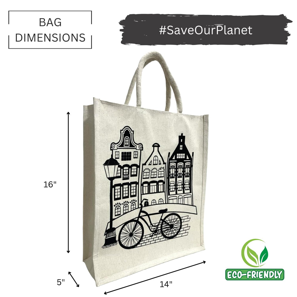 Jute Club Printed Canvas Bag|Shopping|Office|Tiffin| Multipurpose|Eco Friendly with Zipper lock|Spacious|100% Organic Cotton Tote with Lamination-14 X16 X5 (5Pc, The Cycle Stand)