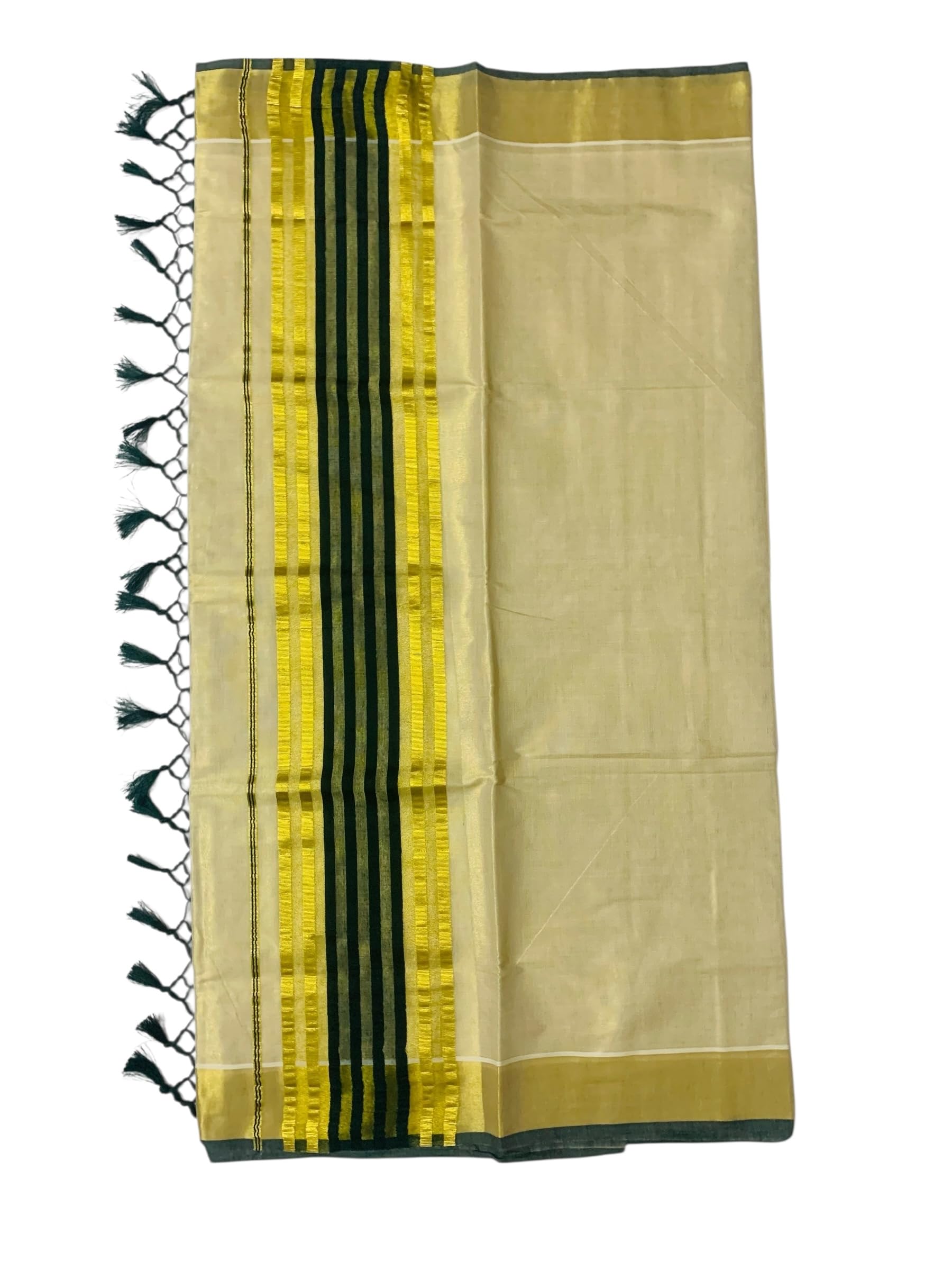ALLUVY Women's Kuthampully Kerala Kasavu Saree Tissue striped zari with Kunjam | Kerala Tissue Kasavu saree onam latest collections | Stripe Kasavu Saree - Dark Green KTM-907
