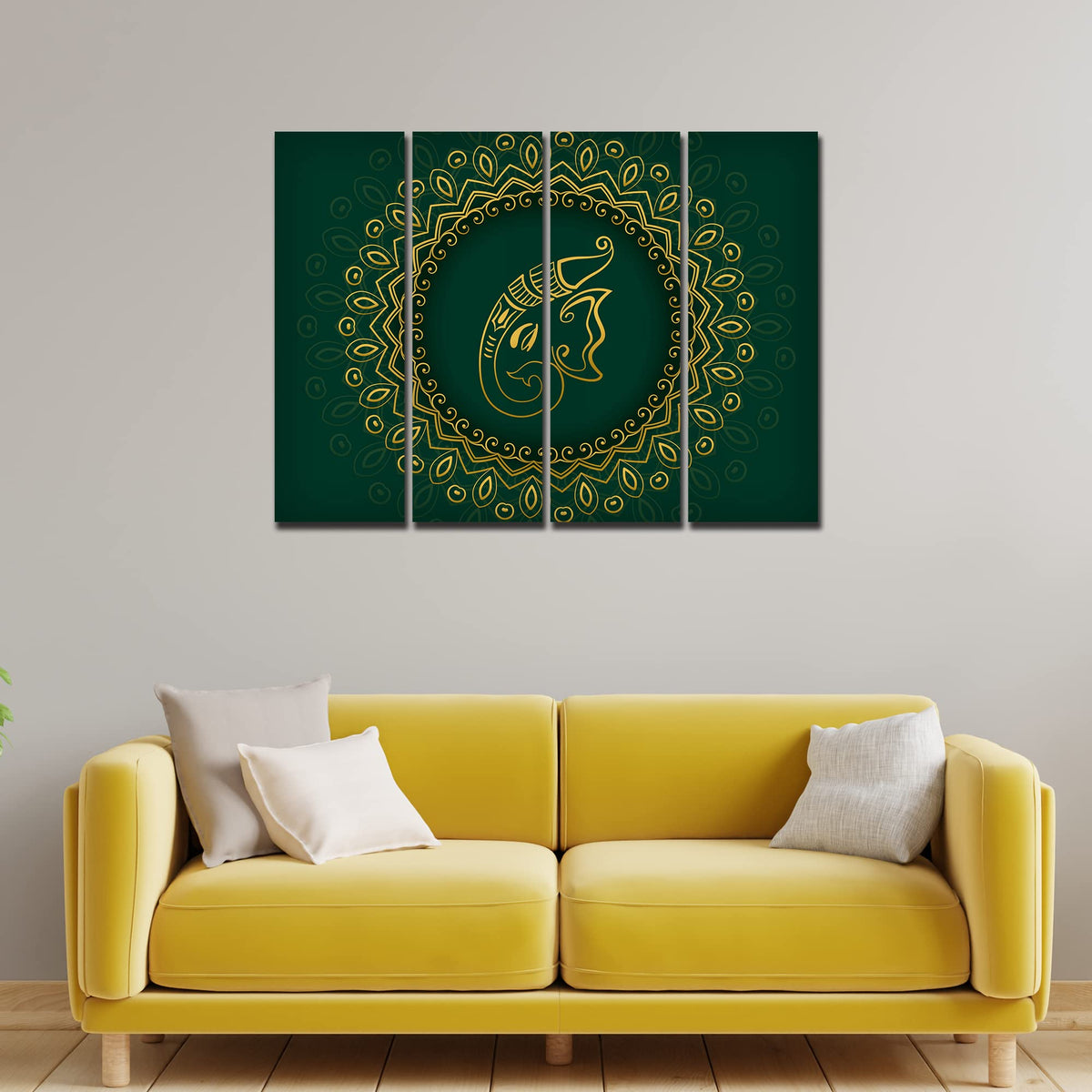 VIBECRAFTS Auspicious Shree Ganesha Head 4 Pieces Canvas Wall Painting Fitted With Wooden Frame For Home | Office | Living Room | Gift(PTVC4Pcs1_13532)
