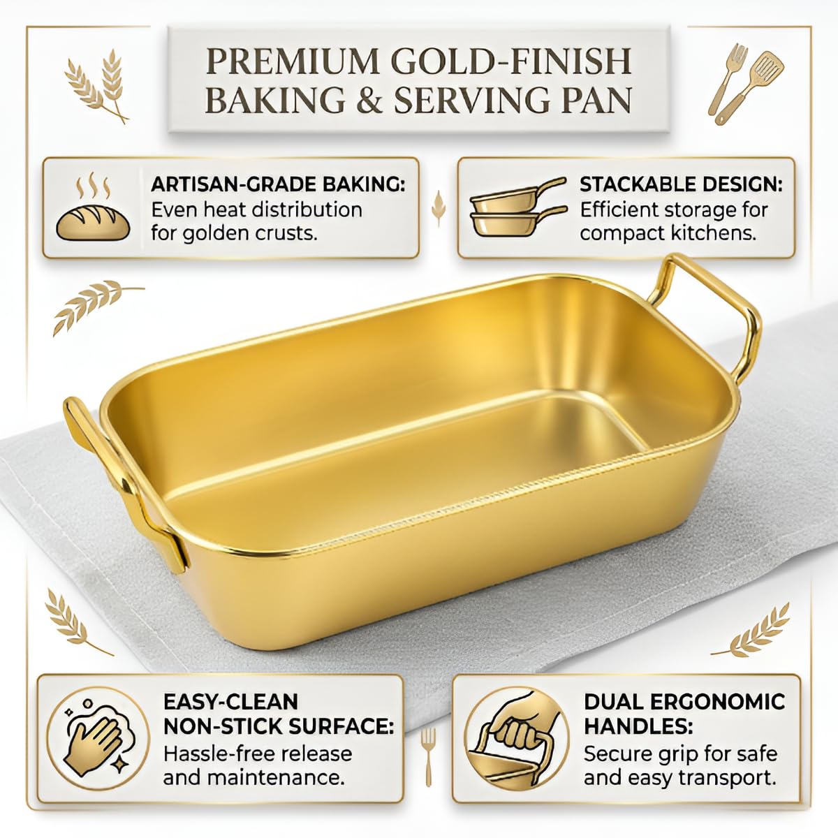 Snevad Stainless Steel Golden Serving Tray for Tea Snacks Coffee Table Decorative Dining Center Organizer for Cakes Pastries Breakfast Party Rust Proof Kitchen Dinnerware Platter (Golden Snacks Tray)