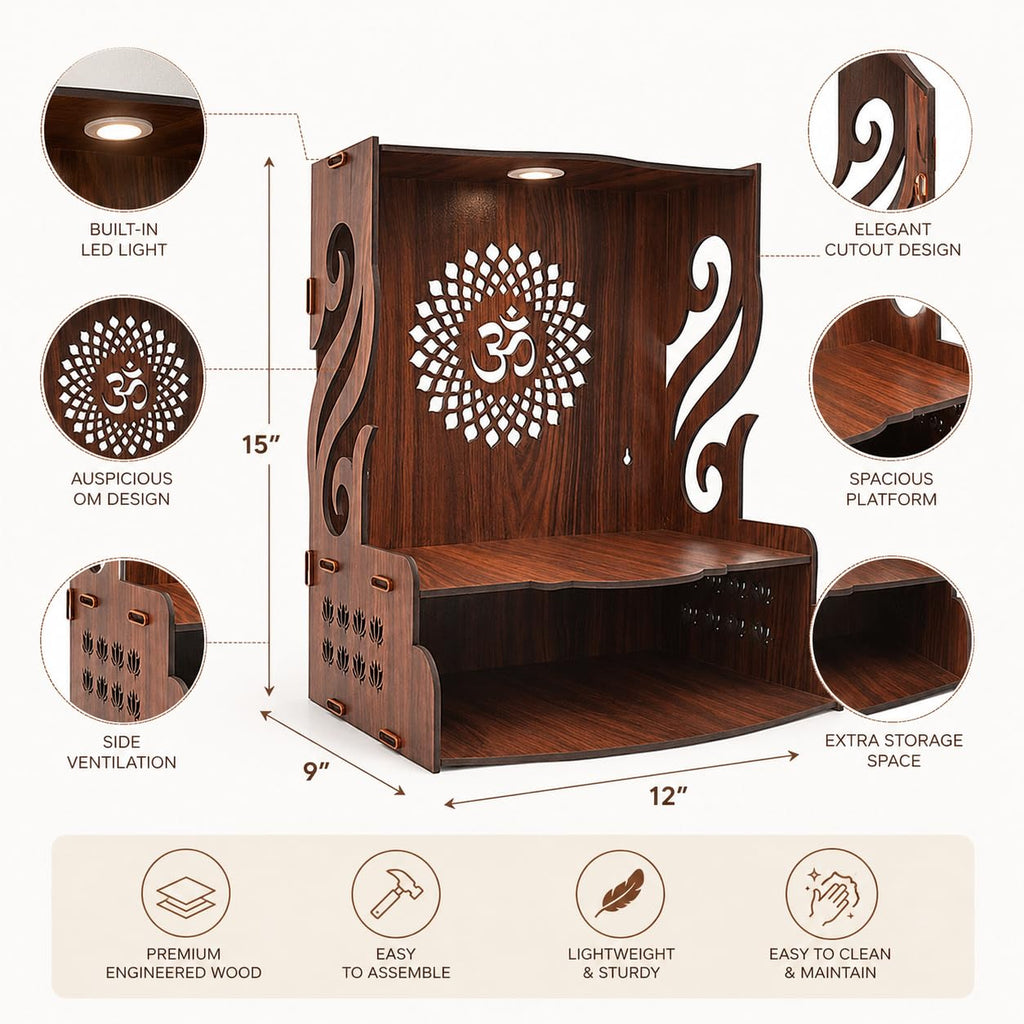 Gift Kya De Wooden Temple for Home Pooja with LED Light | Swan Design Mandir for Wall/Table Top | Home Temple with Om Carving | Pooja Mandir for Living Room, Office Décor (15 x 12 x 9 Inch, Brown)