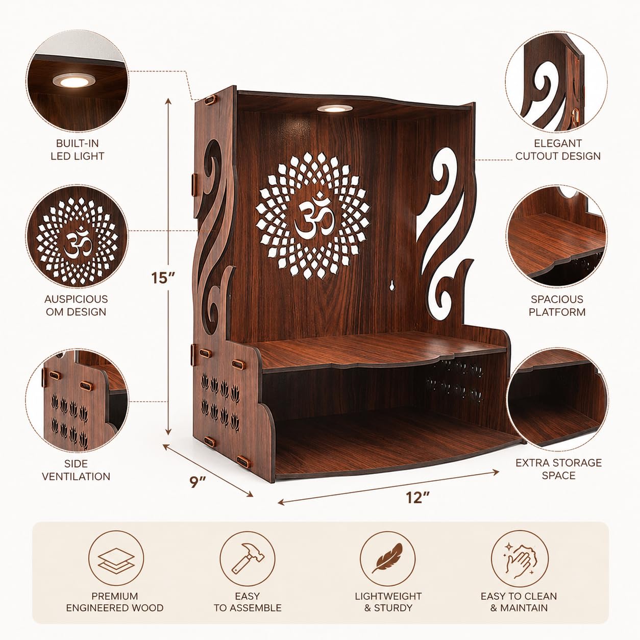Gift Kya De Wooden Temple for Home Pooja with LED Light | Swan Design Mandir for Wall/Table Top | Home Temple with Om Carving | Pooja Mandir for Living Room, Office Décor (15 x 12 x 9 Inch, Brown)