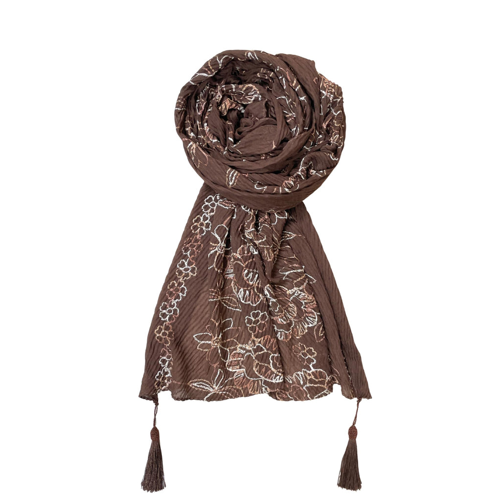 FAHABO Scarf Woman Pleated Cotton Scarves with Embroidery and Tassels | Hijab Scarf | Headscarf | Neck Scarf | Stoles | Wraps (Cafe Noir Brown -1)