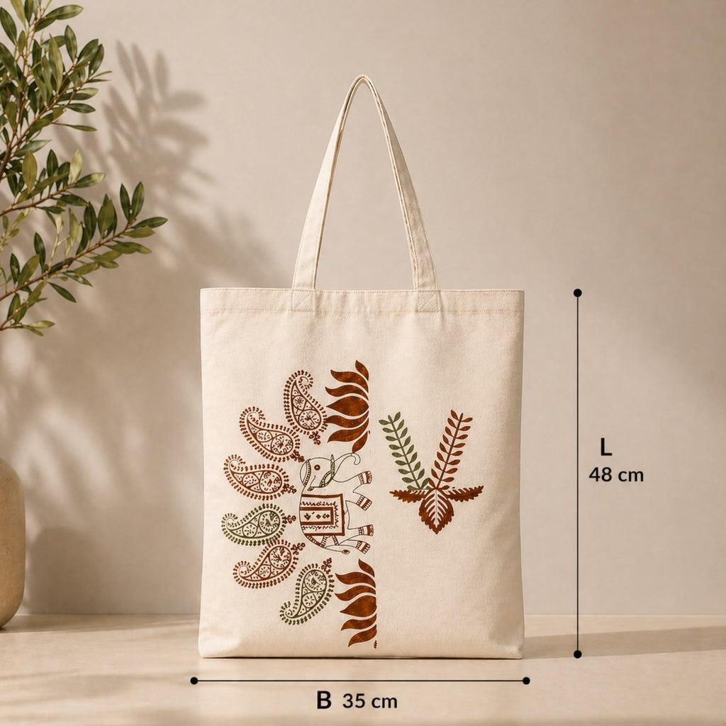 Neelkanth Imprint Eco-Friendly Hand Block Printed Paisley & Floral Cotton Canvas Tote Bag, Reusable Shopping & Daily Use Shoulder Handbag