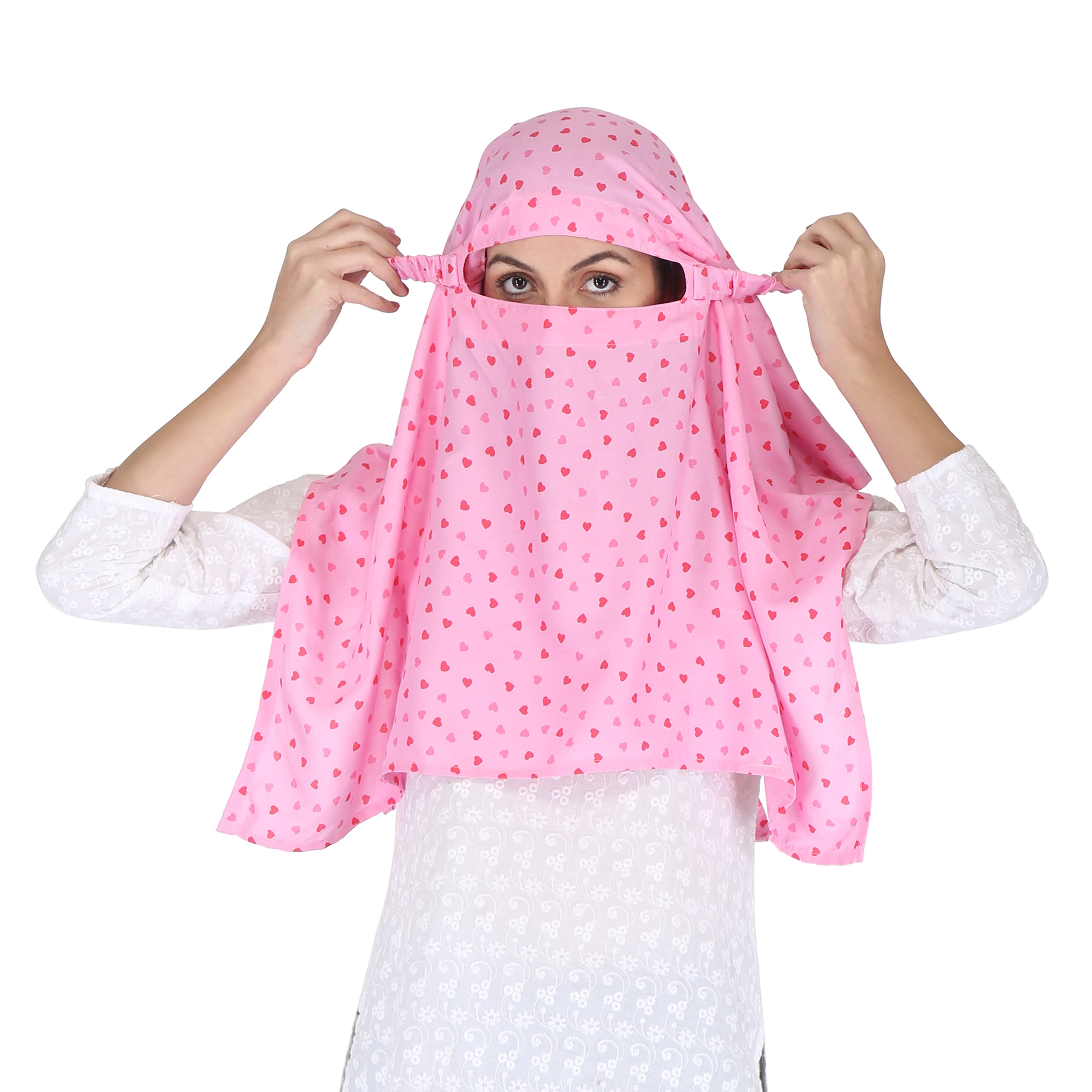 7 season's Cotton Scarf Cum Mask Universal Size Usable for vehicle Driver for sunlight UV protection White Printed Design… (Pink Heart - S)