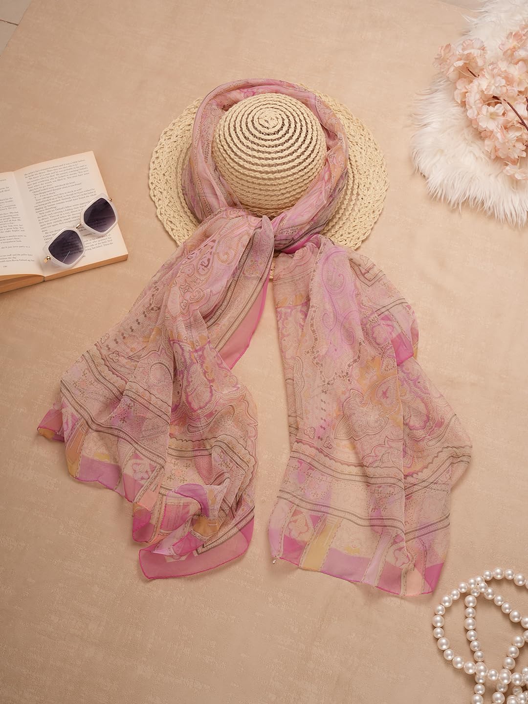 CrossKulture Scarf Stole for Women - 185 x 135 cm Chiffon Scarf with Floral Print | Lightweight Soft Stole for Girls | Satin Feel Neck Wrap | Women Accessory (Colour12)