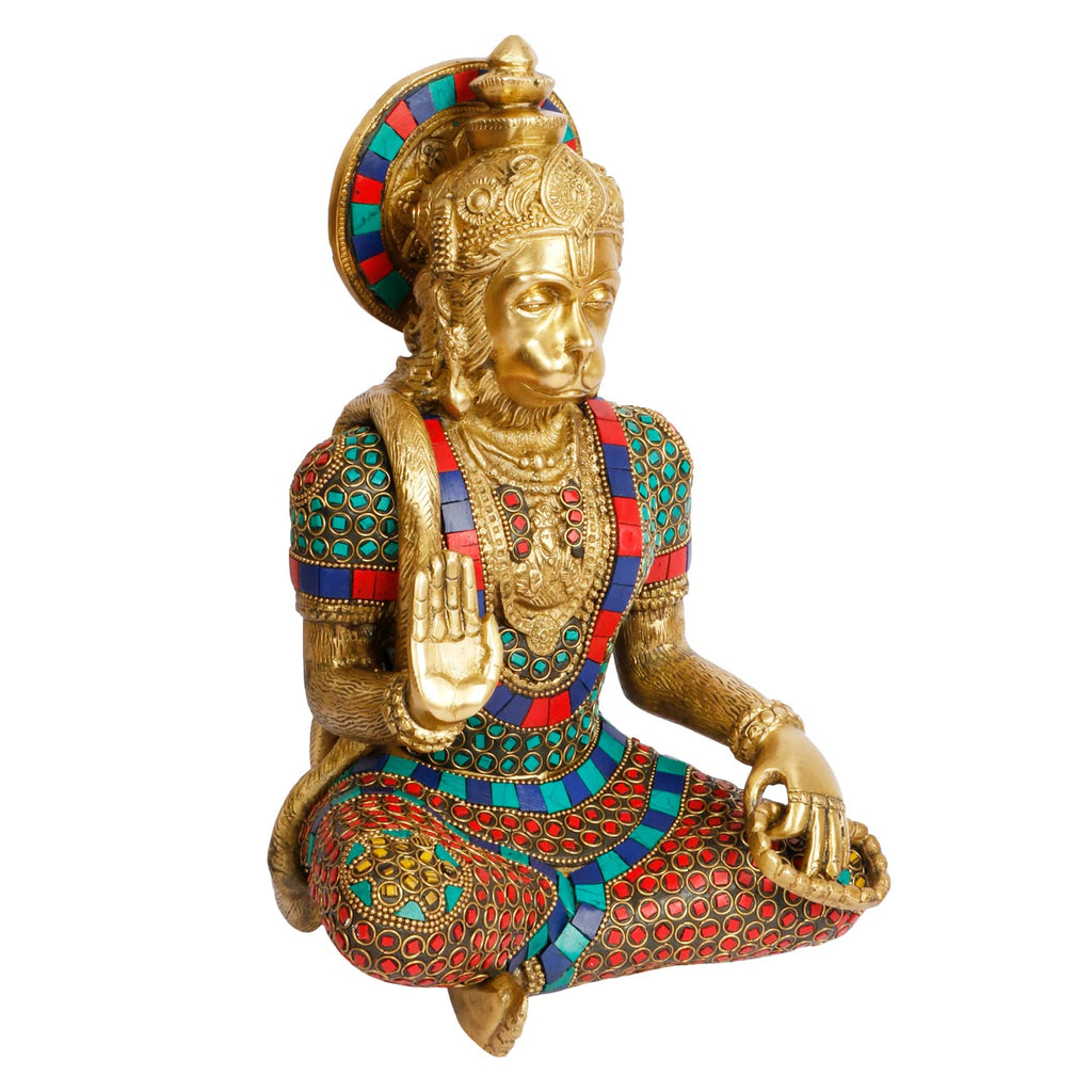 ARTVARKO Big Brass Lord Hanuman Ji Blessing Multicolor Stone Handwork Murti Bajrangbali Bhagwan Statue Height 11