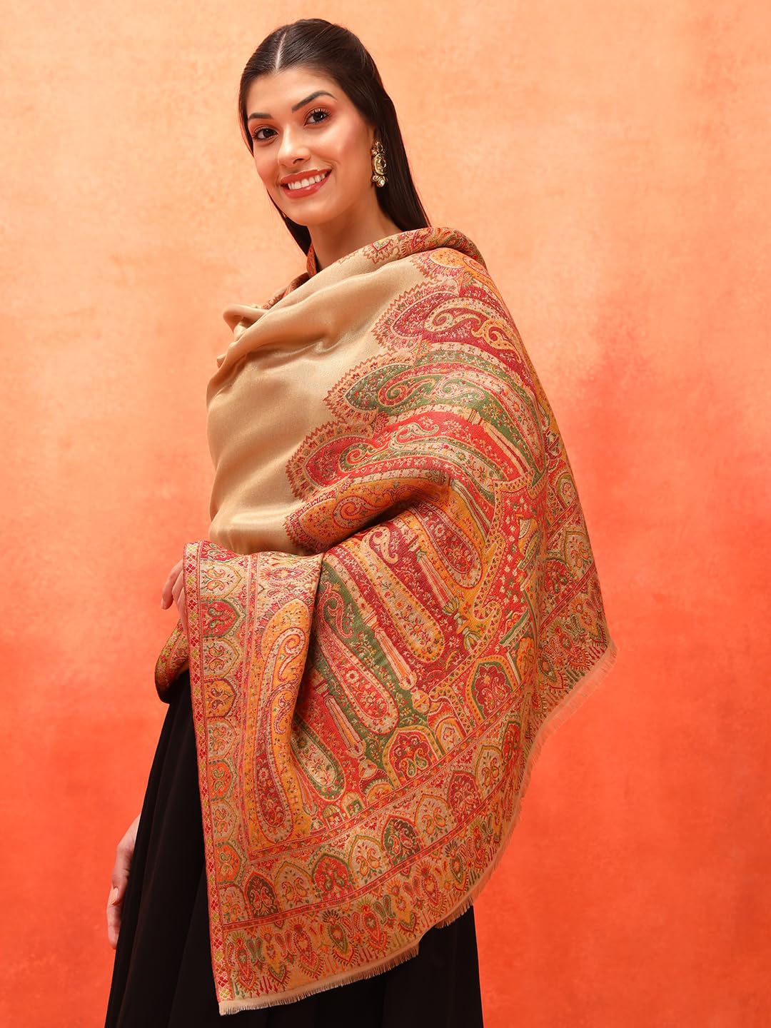 Pashmoda Women Zarvash Fine Wool Kaani Shawl, Authentic Kashmiri Luxury Pashmina Style Shawl, Stole, Medium Gents Lohi, Size (40x80 Inches, Beige Color) MZSS06