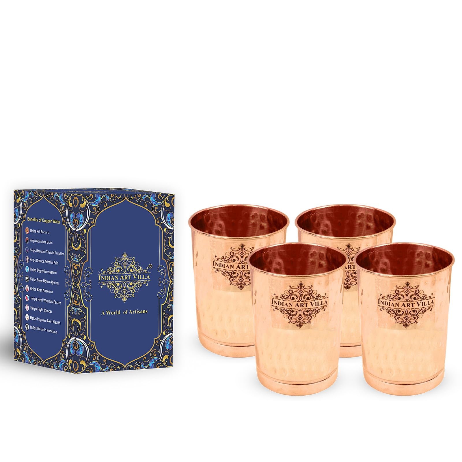 INDIAN ART VILLA Pure Copper Plain Glass with Hammered Design, Drinking Serving Water, Yoga Ayurveda, Volume-300 ml, Pack of 4