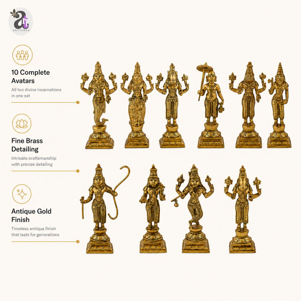 ARTVARKO Brass Dashavatara Dasavatharam of Lord Vishnu Statues Ten Incarnations Avatars Idol Murti (Gold Color 6.4 Inch.10 pcs)