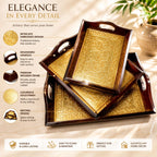 Crafted wonders Wooden Tray Serving Brass Tray Handcrafted for Table Decor, Home Decor and Gifts- Set of 3 Multipurpose Serving & Home Decor Trays (Brown)