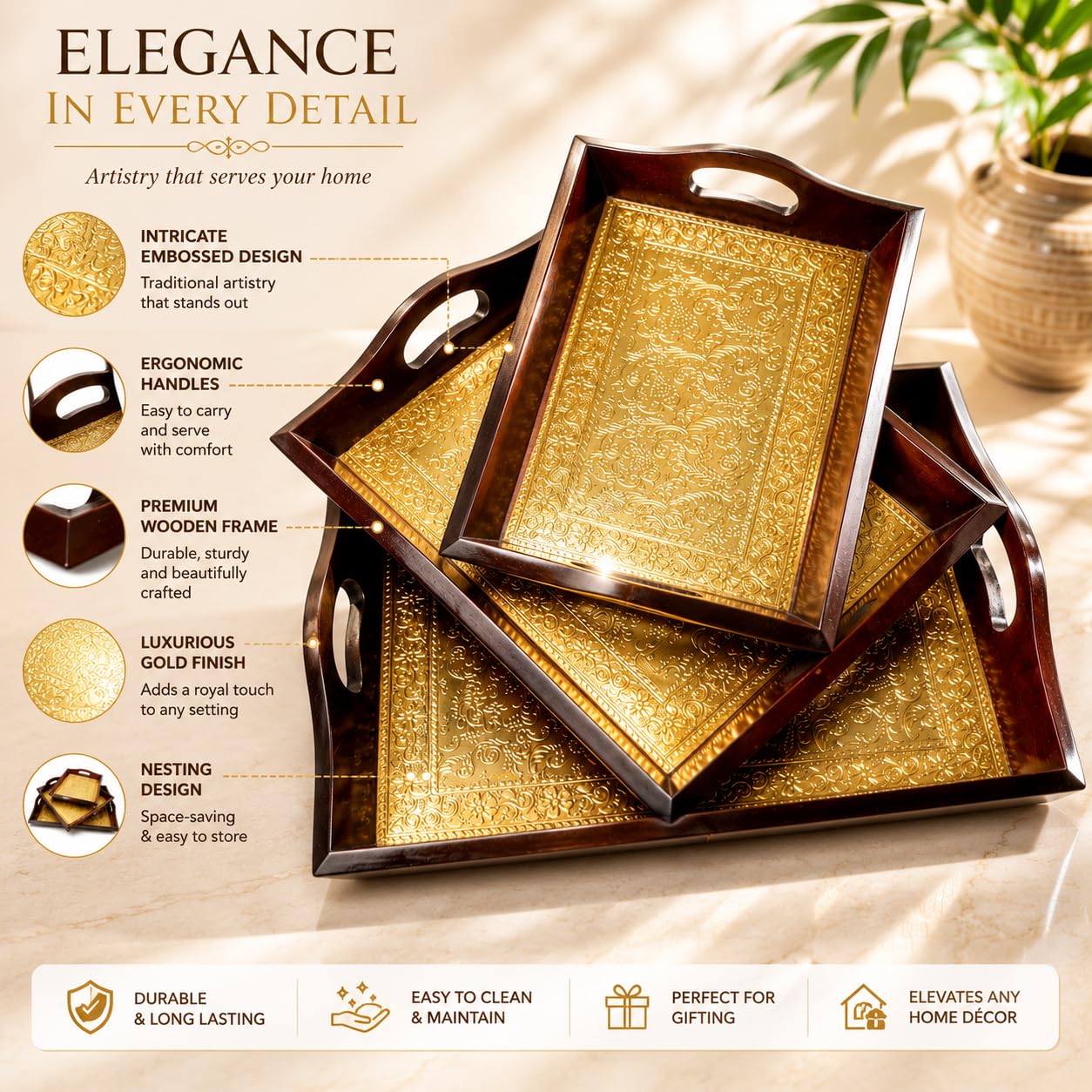 Crafted wonders Wooden Tray Serving Brass Tray Handcrafted for Table Decor, Home Decor and Gifts- Set of 3 Multipurpose Serving & Home Decor Trays (Brown)