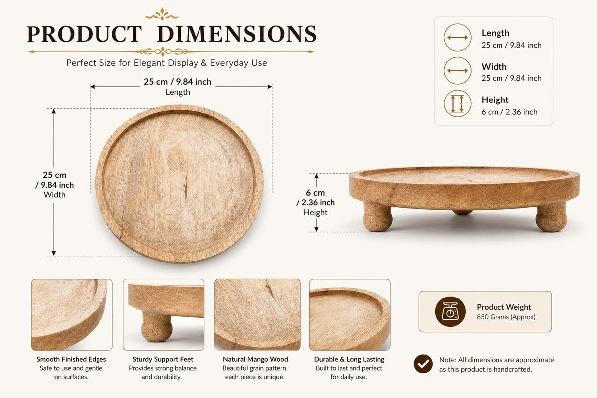 AYNOVI Decorative Round Acacia Wood Tray - Perfect Small Round Tray for Kitchen,Serving Tray Dining Room, Coffee Table & Home Decor Handmade Decorative Tray with Raised Edge (Brown)