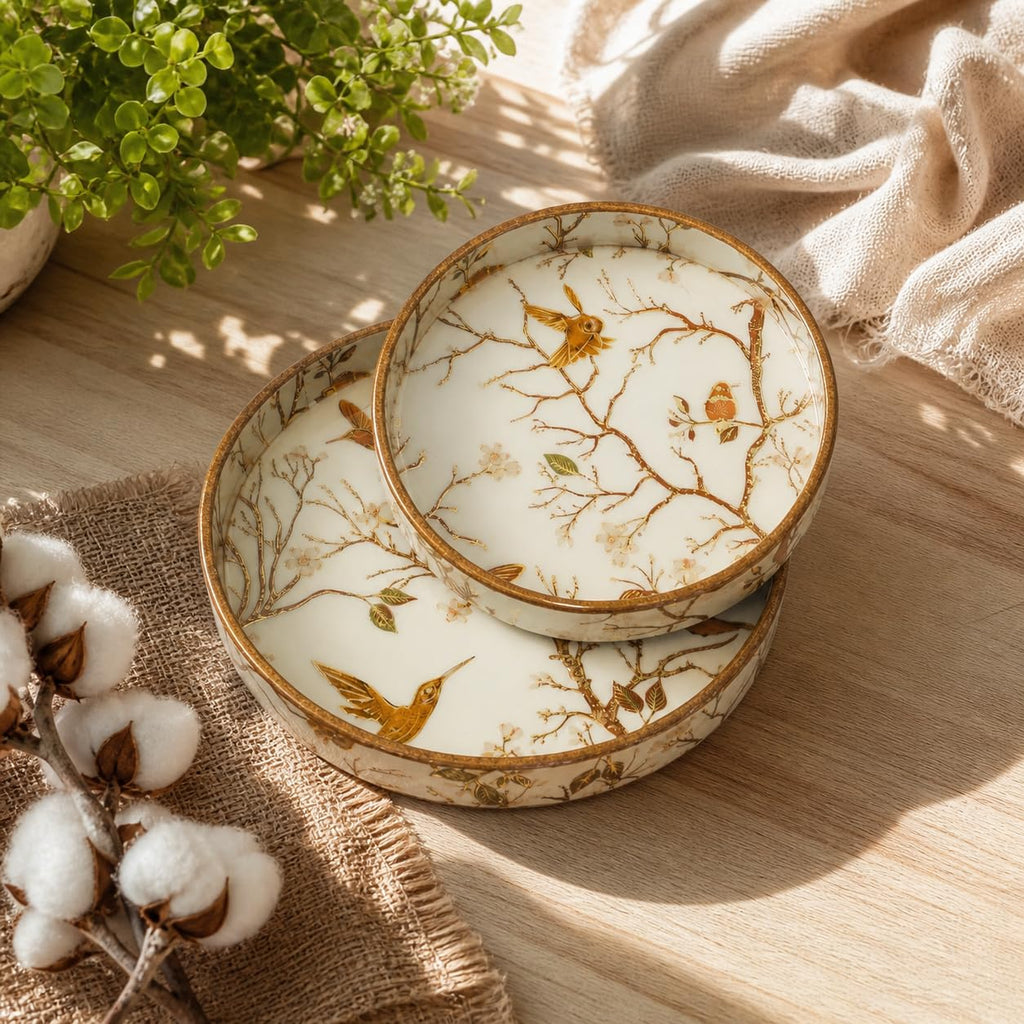 Dreams n Decor Round Wooden Serving Tray Set of 2 | MDF Decorative Trays for Center Table & Dining | Golden Hummingbird Print (7 & 9) | Perfect for Tea, Coffee, Snacks & Housewarming Gifts