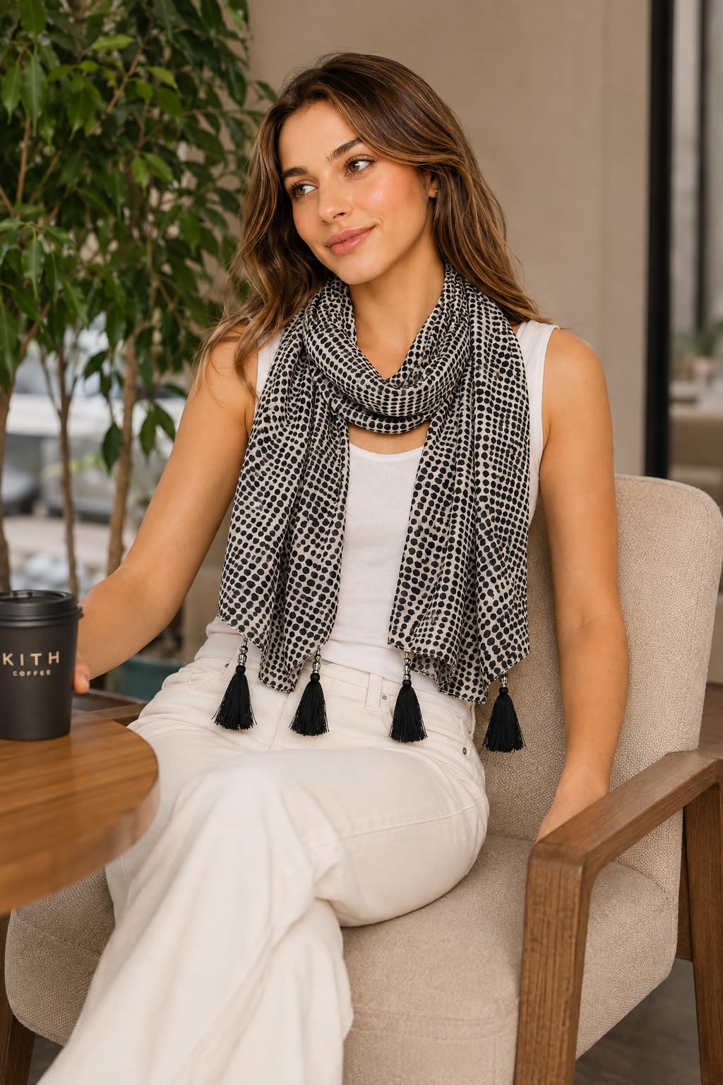 Women's Printed cotton Scarf with Tassels, Lightweight Boho Stole, 180x50 cm, All Seasons (Black and white)