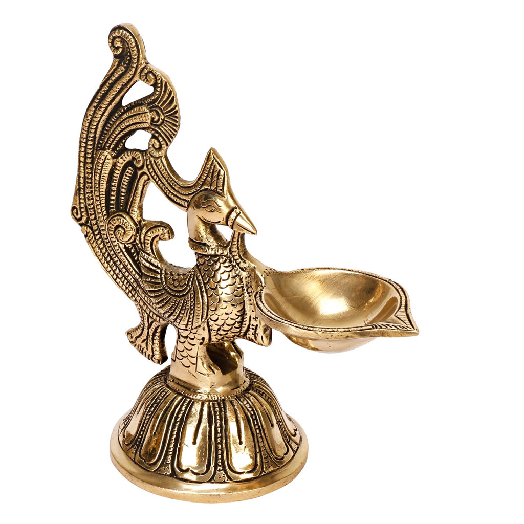 Artvarko Traditional Peacock Brass Diya Oil Lamp Arti Deepam for Home Temple 7 Inch