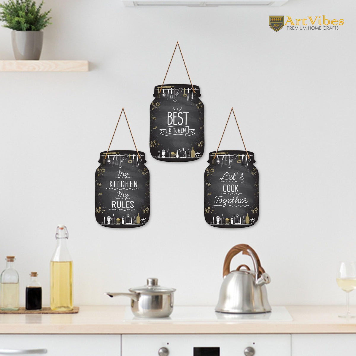 Artvibes Best Kitchen Quote Kitchen Printed MDF Wooden Wall Art For Cafe | Kitchen | Restaurants | Quotes Decor Item | Kitchen Quotes Wall Hanging | Wall Illustrations | Gift (WH_8908N), Set of 3