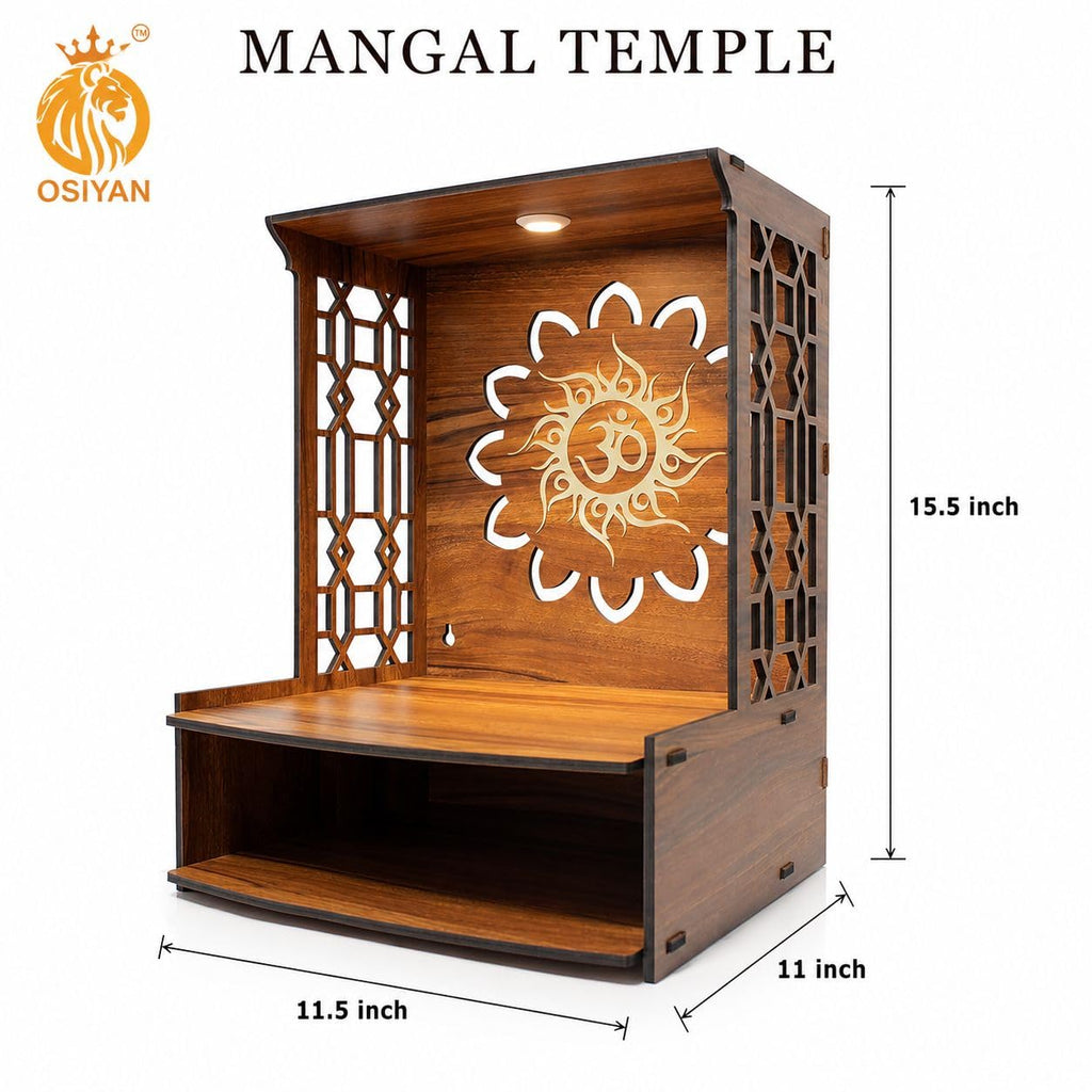 OSIYAN Wooden Temple for Home Wall Mounted with LED Light | Premium MDF Pooja Mandir for Home | Modern Decorative Mandir with Om Design & Storage Shelf | Brown Wooden Mini Temple for Home Decor