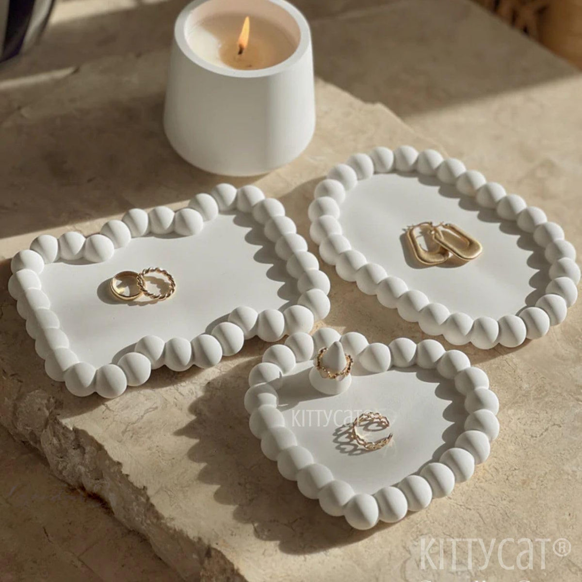Aesthetic Concrete Trinket Tray Set of 3 – Heart, Zigzag, Oval | Handmade Off-White Jewelry Dish, Vanity Tray, Makeup Organizer | Candle Holder, Key Bowl, Home Decor Accent (Bubble-Collection)