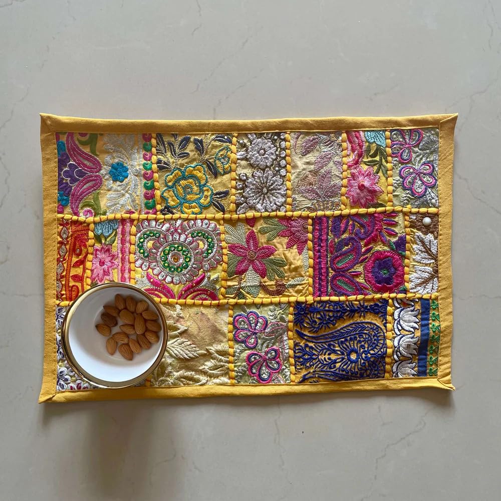 ATRANGI STUDIO Patchwork Table Mat | Traditional Rajasthani Khambadiya Placemat | Handmade Reusable Dining Table Mat for Home Decor | Colourful Dining Setup | 12x18 Inch, Yellow