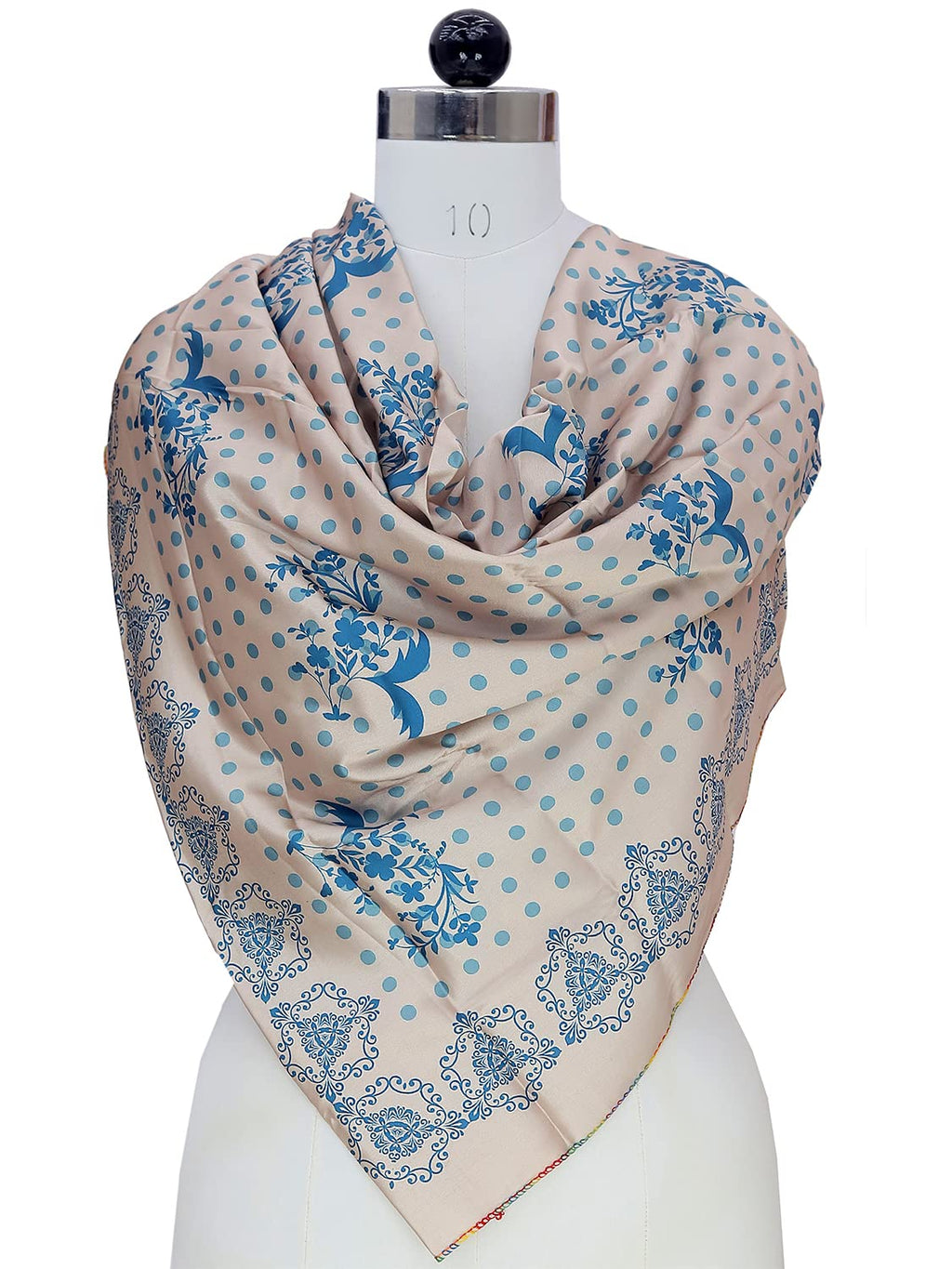 leeza store Women's Soft Beige Silk Scarf For Women – 40X40 Floral Buti & Polka Dot Digital Print, Elegant Neck & Head Wrap