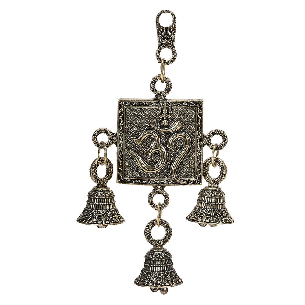 ARTVARKO Brass Trishul Om with Bells Wall & Door Hanging Home Decor with 3 Bells Height 6 Inch