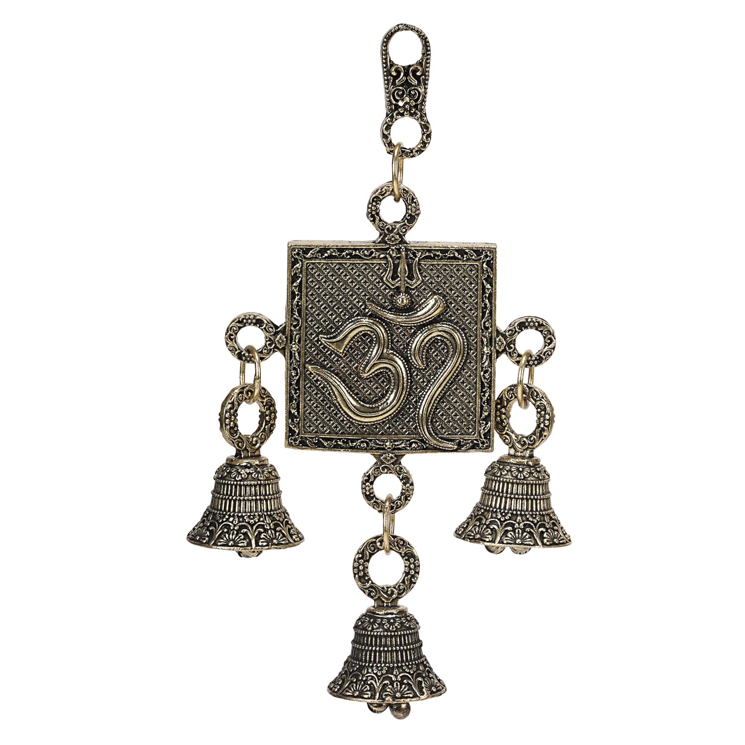 ARTVARKO Brass Trishul Om with Bells Wall & Door Hanging Home Decor with 3 Bells Height 6 Inch