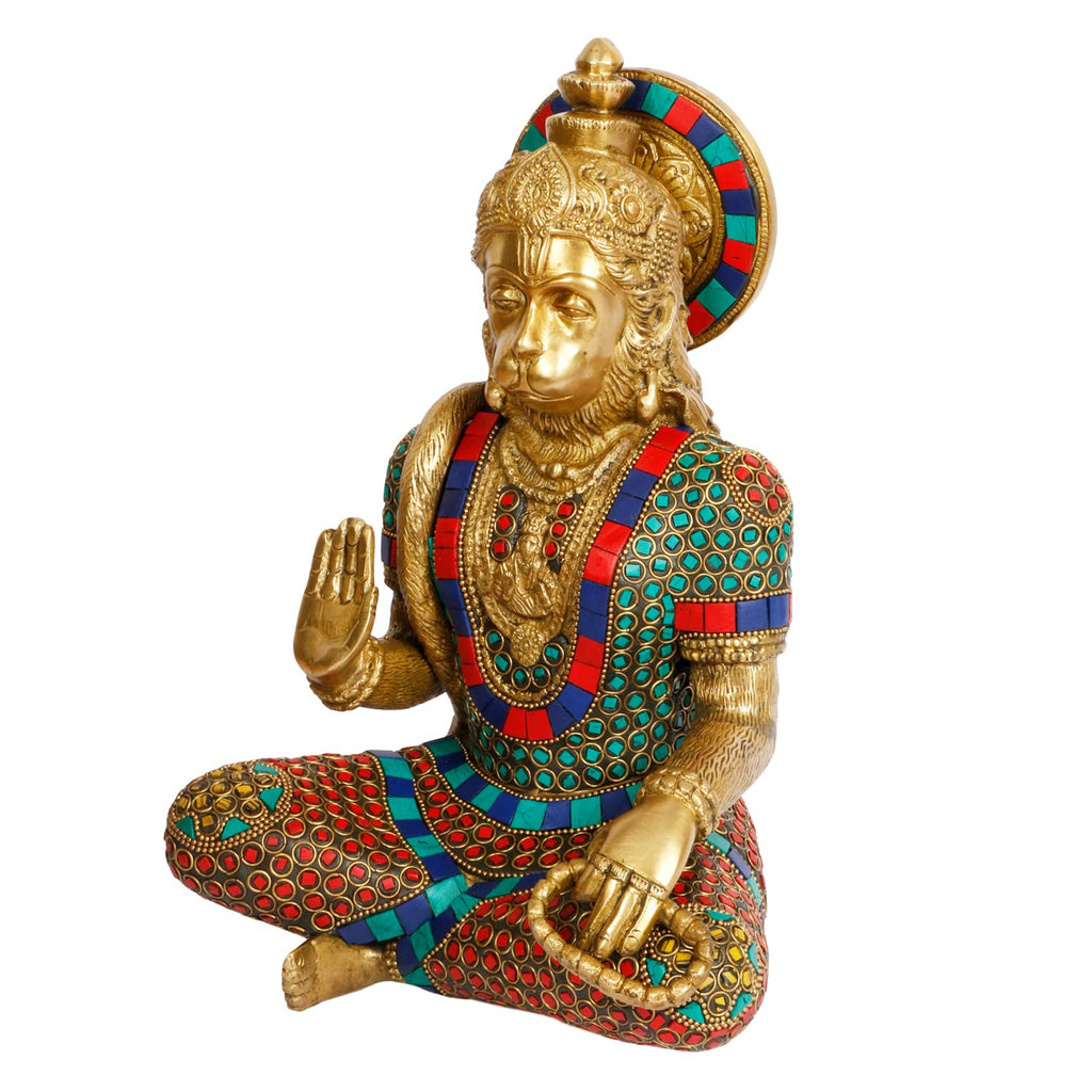 ARTVARKO Big Brass Lord Hanuman Ji Blessing Multicolor Stone Handwork Murti Bajrangbali Bhagwan Statue Height 11