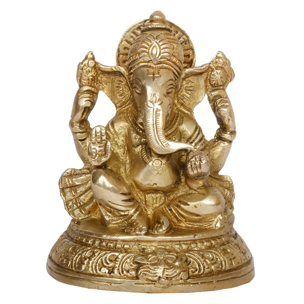 ARTVARKO Brass Lord Ganesha Murti in Blessing Posture Sitting with Modak Ganesh Bhagwan Idol Ganpati Metal Statue for Home Office Entrance Decor Pooja Marriage Gift Antique Gold 5 Inch