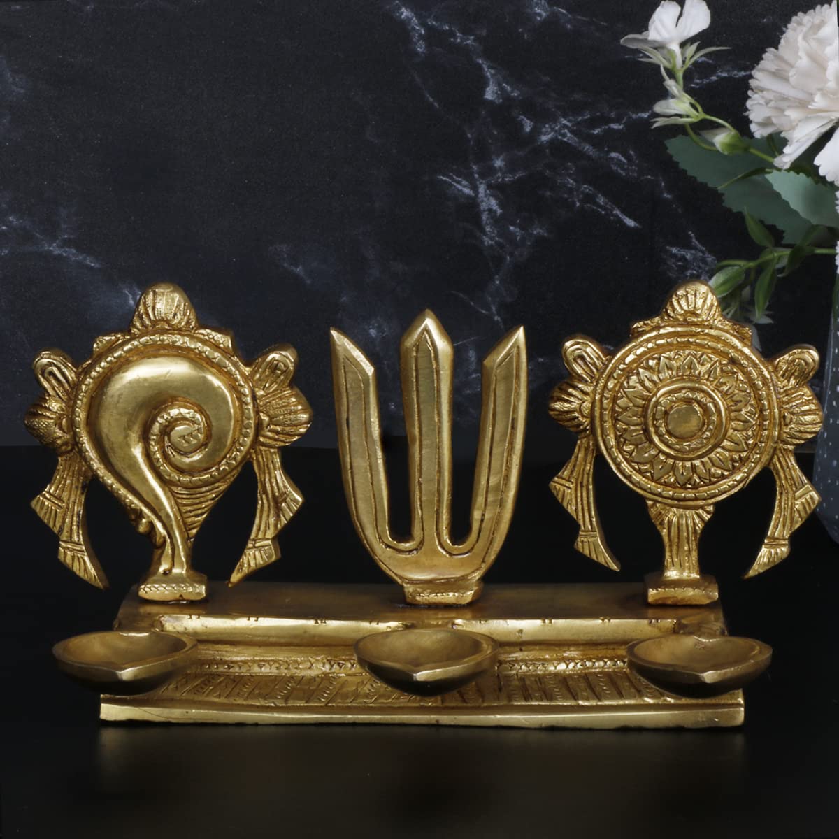 Artvarko Brass Traditional Large Diya Shankh Chakra Namah Tirupati Balaji Shankha Tilak Padma Padmanabha Swami Vishnu Symbol Oil Lamp for Pooja Gift Decoration Showpiece 8 Inch