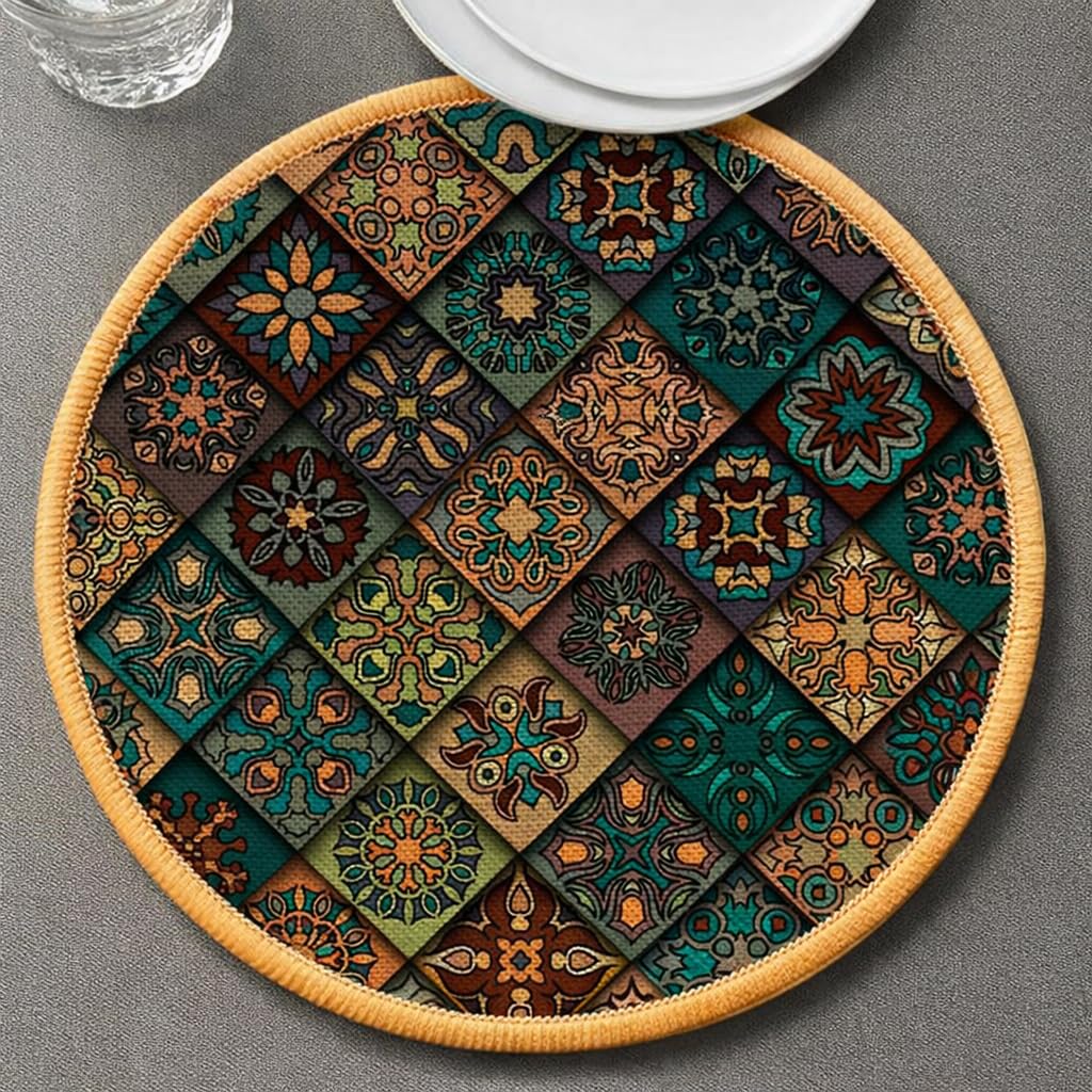 HomeCloud Round Printed Jute Placemat 20x20Cm | Heat-Resistant Table Mat with Anti-Skid Rubber Back | Decorative Dining, Centre & Coffee Table Mat (Colourful, Pack of 2) Kafalo