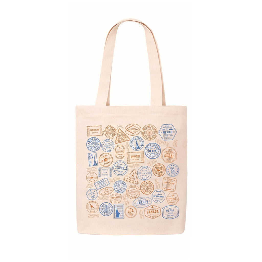 DOODLE Eco-Friendly Reusable Cotton Canvas Travel Tote Bag | Inner & Outer Zip Pockets | Ideal for Travel, Shopping, College & Office Use | Travel Stamps