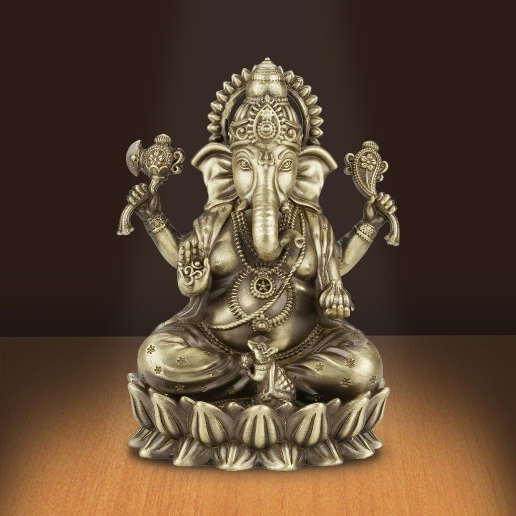 Shilpkala 5 Inch Kamal Ganpati Brass Ganesha Idol for Puja Room, Desk Decor & Gift, Coffee Antique Finish