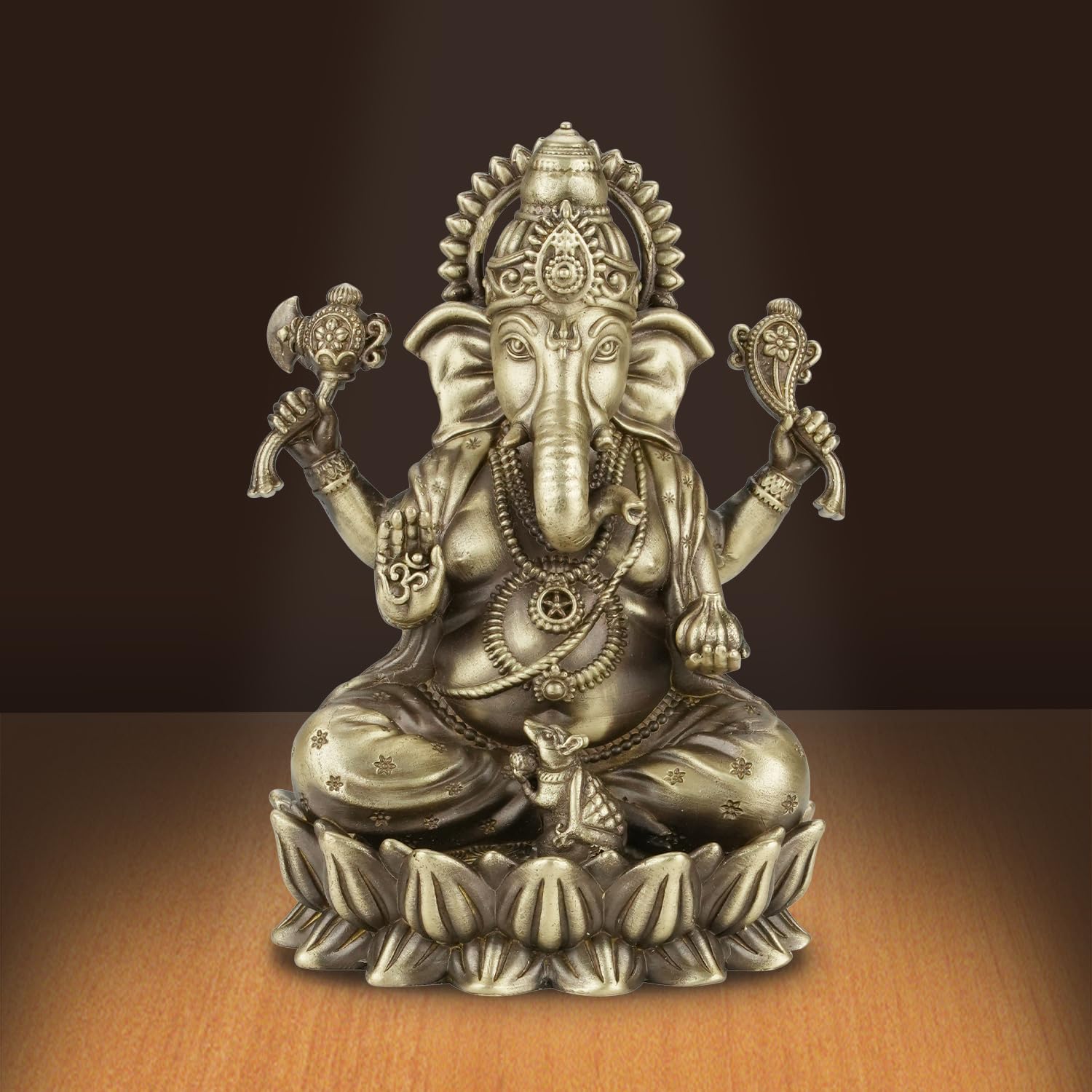 Shilpkala 5 Inch Kamal Ganpati Brass Ganesha Idol for Puja Room, Desk Decor & Gift, Coffee Antique Finish