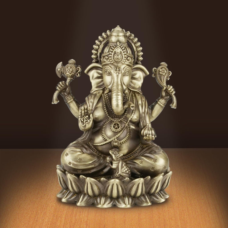 Shilpkala 5 Inch Kamal Ganpati Brass Ganesha Idol for Puja Room, Desk Decor & Gift, Coffee Antique Finish