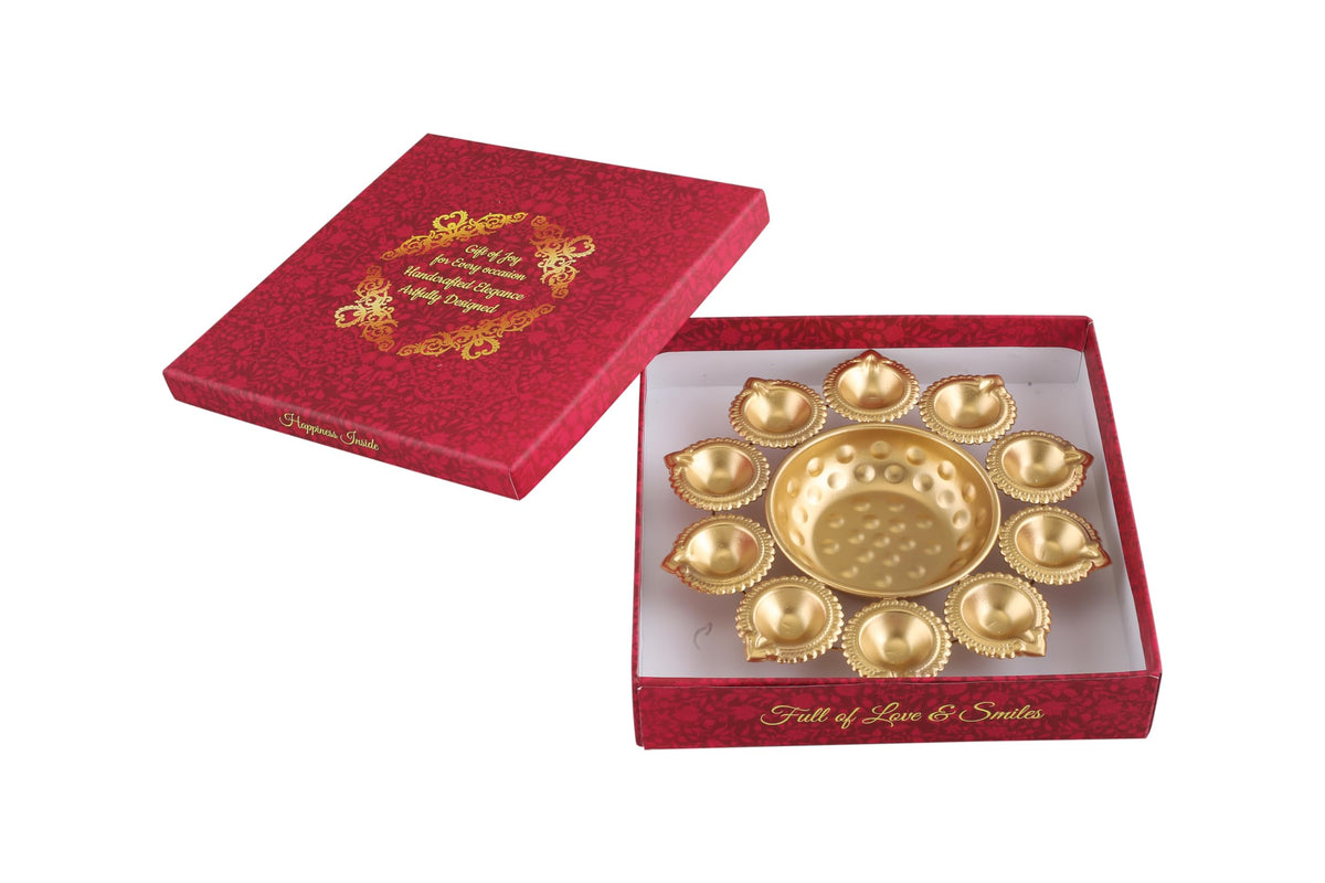 R Ayurveda Copper Diya Shape Flower Decorative Urli Handcrafted Bowl for Floating Flowers and Tea Light Candles Home,Office and Table Decor| Diwali Decoration Items for Home with Gift Box (10 Inches)