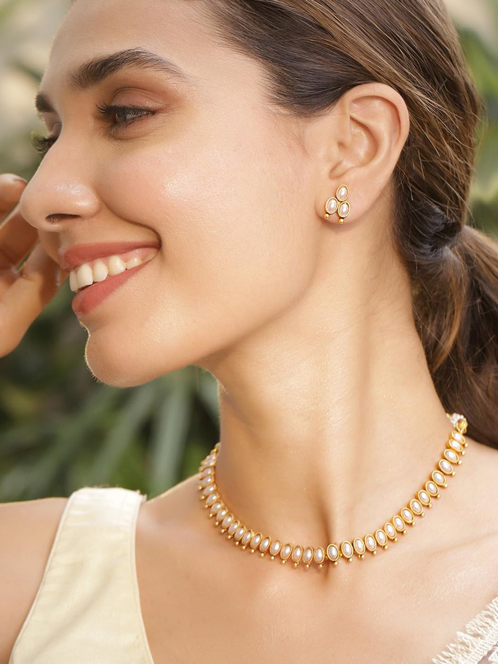 Rubans 22K Gold-Plated Handcrafted Artificial Jewelry Oval Choker Set with Pearl Studded And Matching Earrings For Women and Girls – Perfect for Weddings and Special Occasions