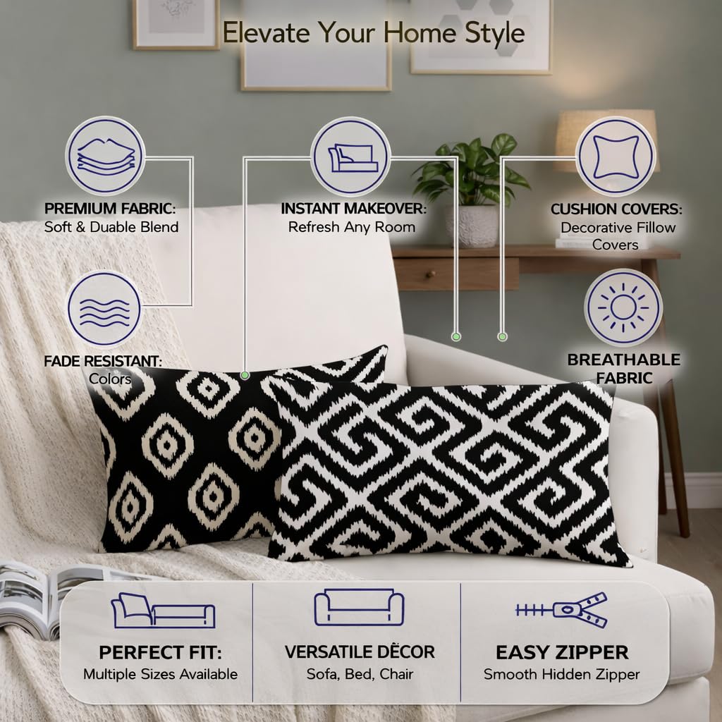 STITCHNEST Set of 2 Polycotton Cushion Covers – 12x18 Inches – Black & White Ikat Geometric Print – Elegant Cushion Covers for Sofa & Living Room | Perfect for Home Decor