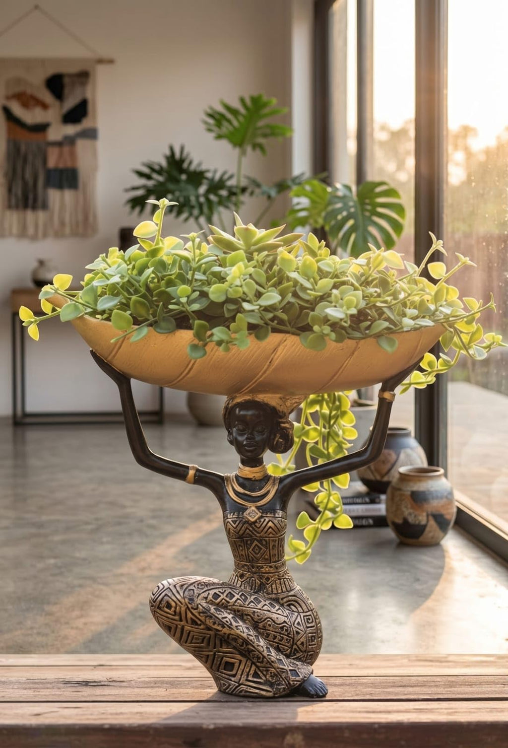 African Lady Decorative Bowl | Black Gold Tribal Tray | Multipurpose Holder for Keys, Candy, Planter | Home Decor