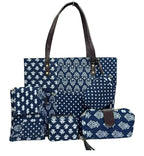SHIVKARI Women's Ladies Traditional Ikkat Cotton 5 Pieces Combo Bag (Blue & White)