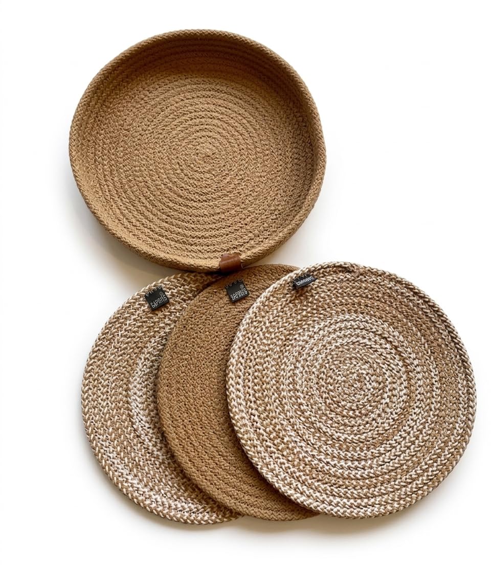 SAPROSE® Retro Trivets Polypropylene 3 Pc Round with Basket Holder, Braided Pot Mat, Side Table Mat, Machine Washable Small Place Mat for Casserole for Dining Table (9 inch Dia) (Beige) Kafalo